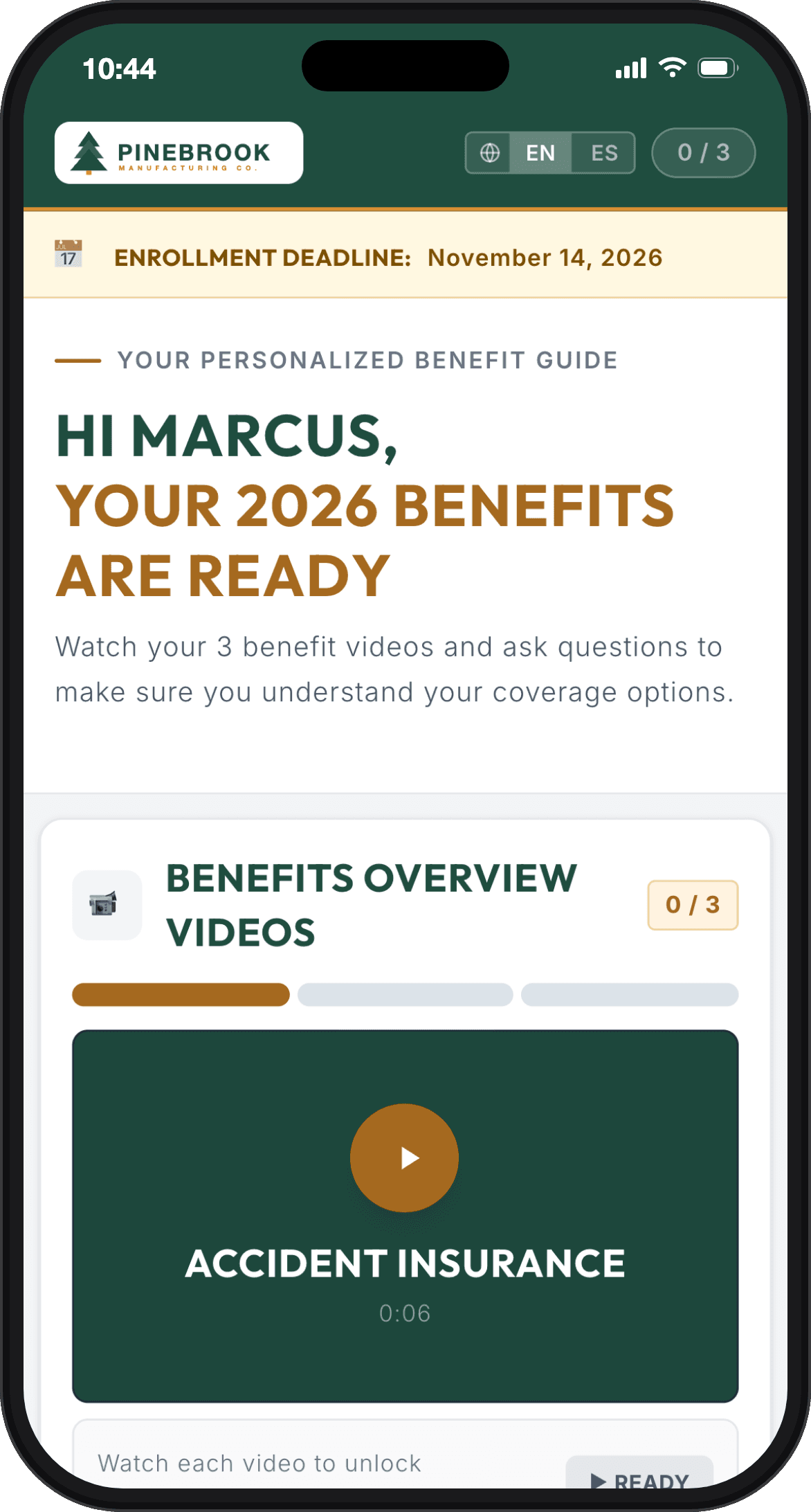 Phone showing the Pinebrook sample benefits microsite