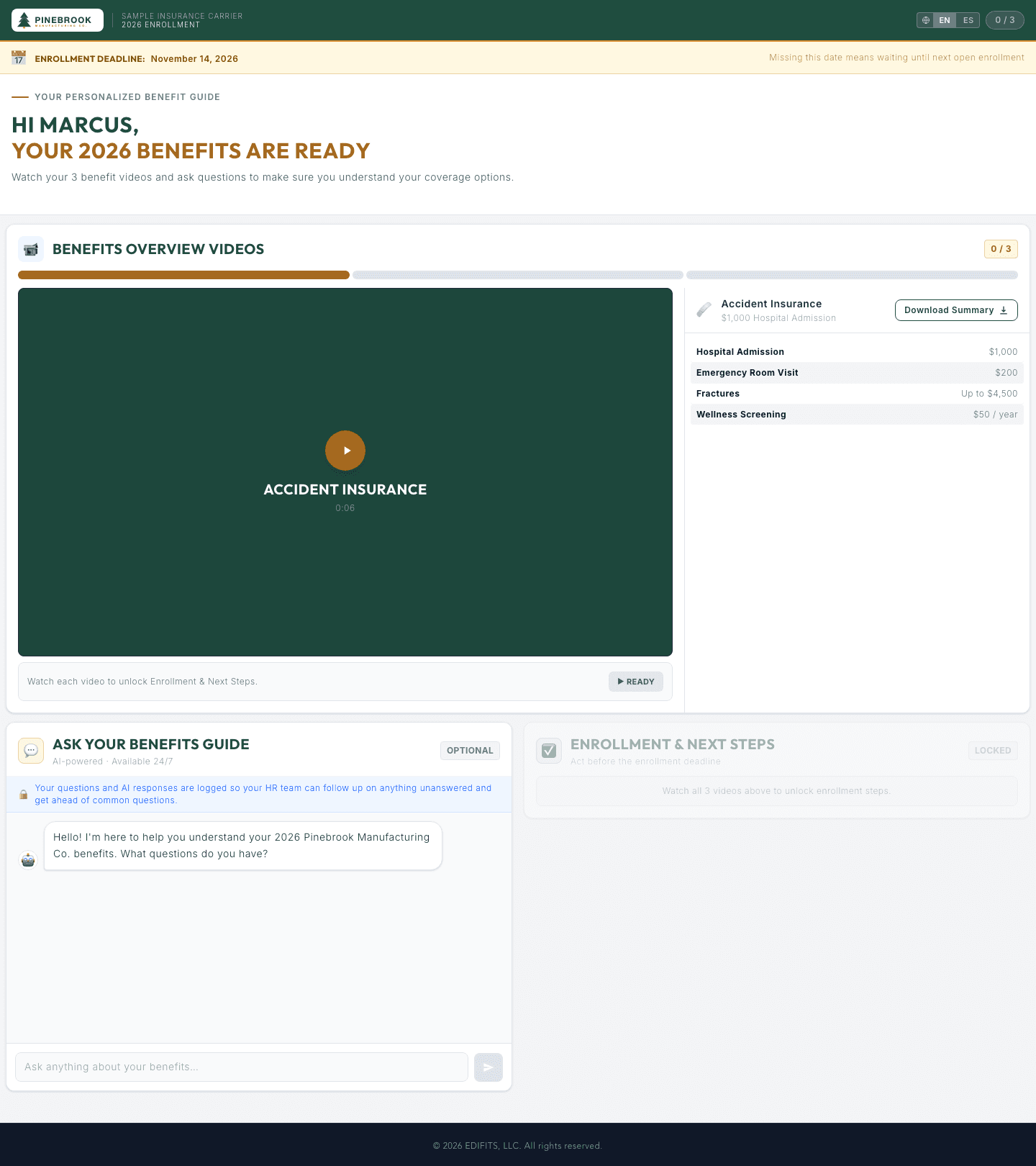 Pinebrook sample employee microsite showing branded benefit videos, the benefits chatbot, and benefit cards