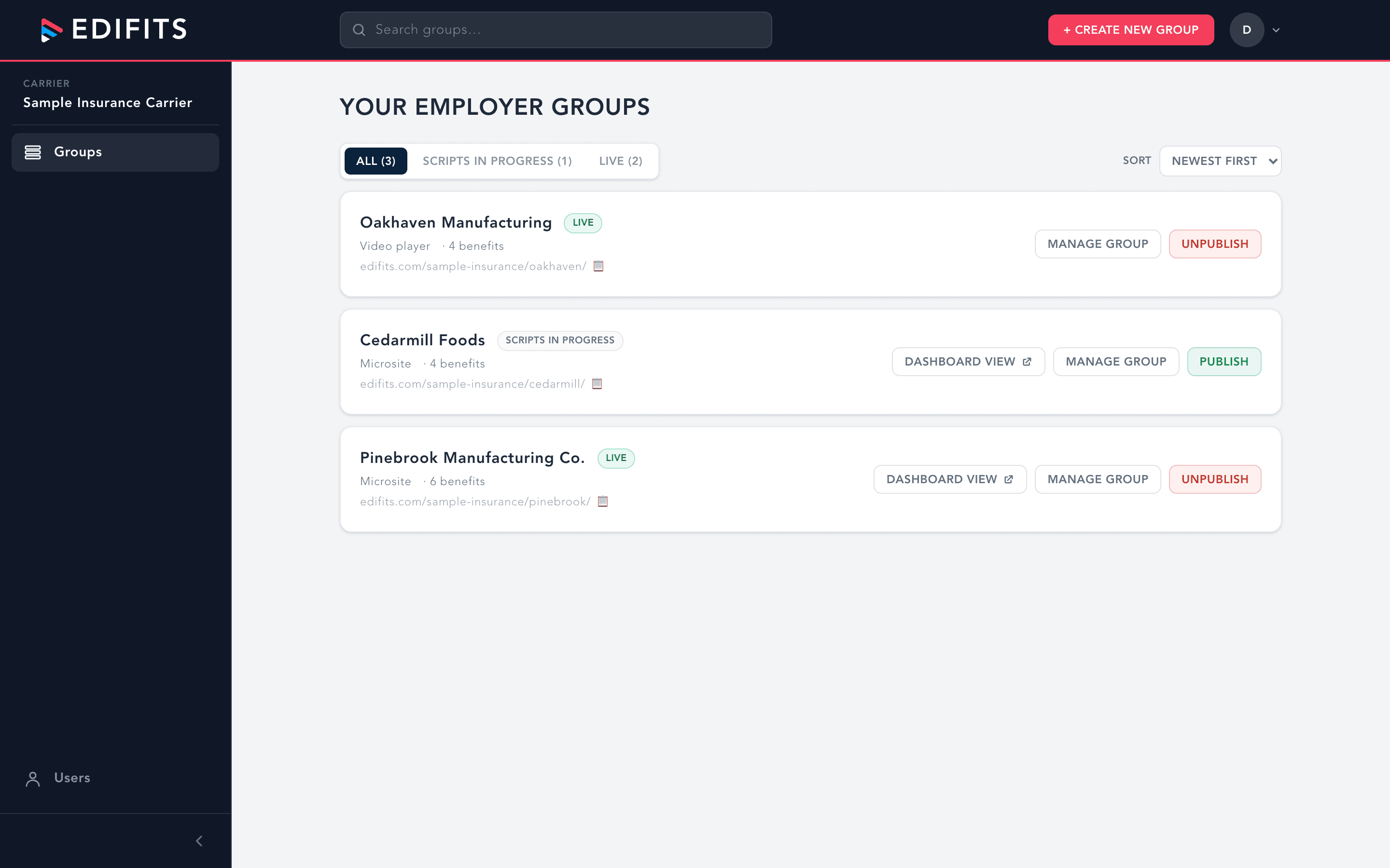 Carrier dashboard showing group cards and lifecycle pills (portfolio at a glance)