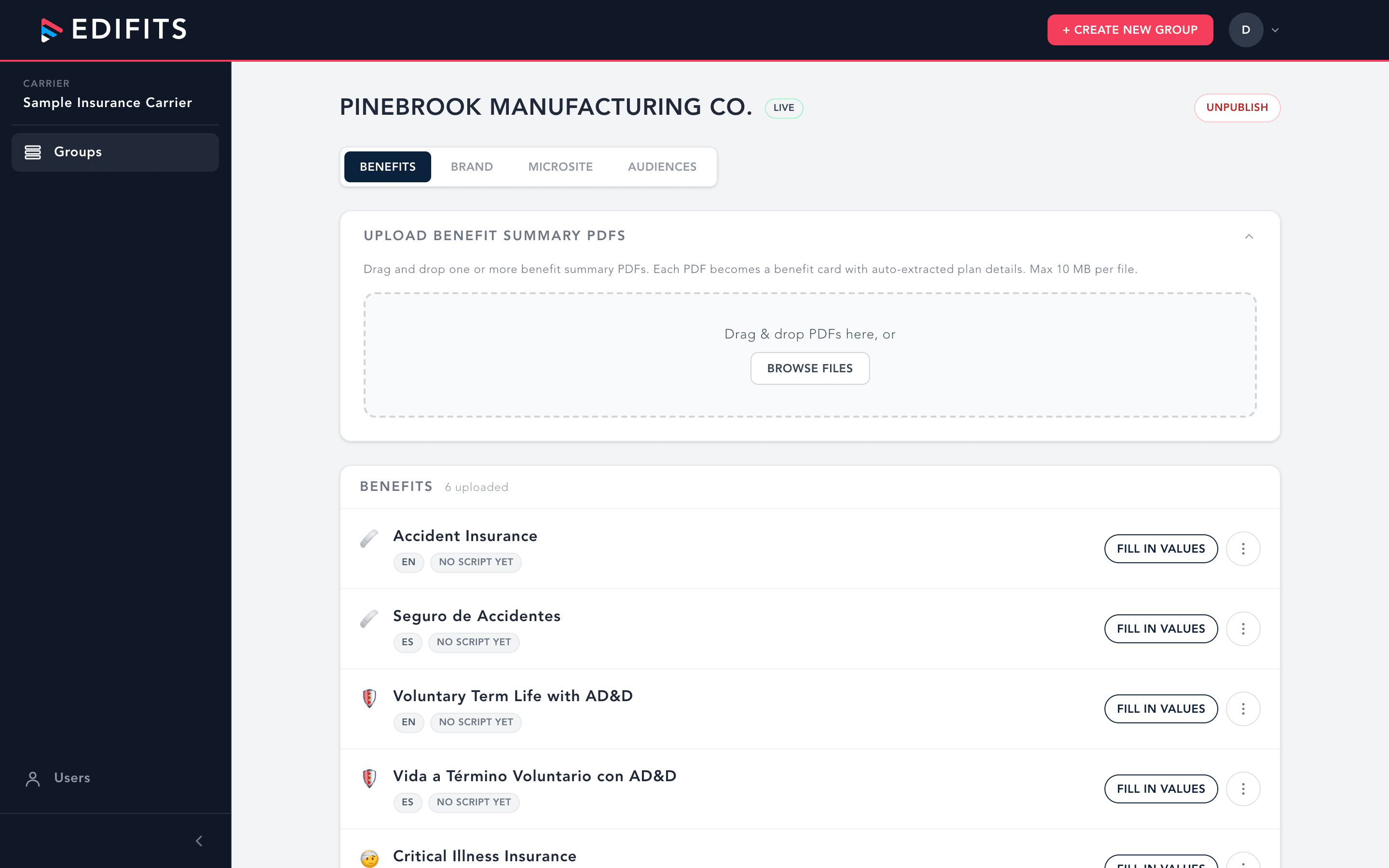 Carrier employer-detail view with tabs, PDF dropzone, and brand editor (per-group control panel)