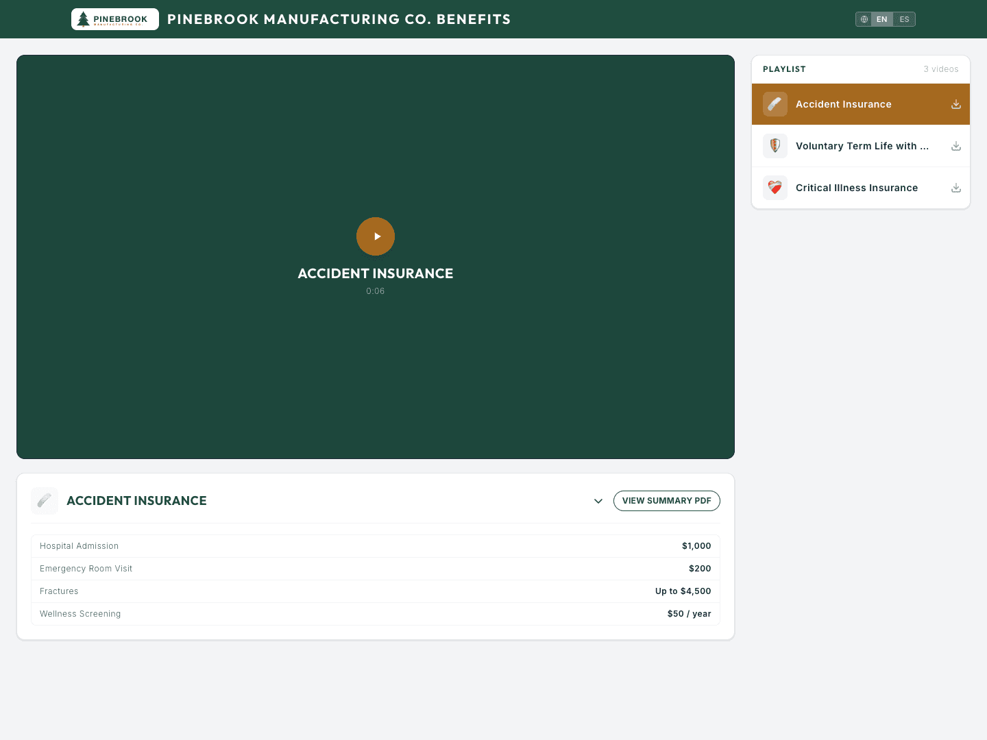 Video player: a lightweight branded playlist of benefit videos with a plan-summary accordion